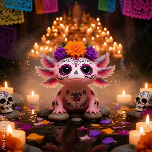 ajolote mexicano, axolote rosa, ajolote fantástico, criatura adorable, anfibio mágico, cultura mexicana, Día de Muertos, tradición mexicana, Catrina, calavera mexicana, maquillaje de catrina, arte ins