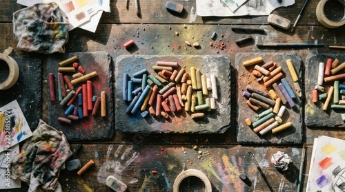 Artistic Mess - A Vibrant Collection of Pastel Art Supplies on a Wooden Table.