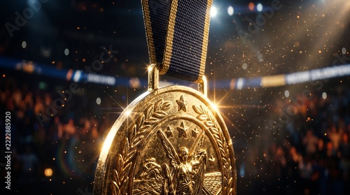 Close up of a shining gold championship medal hanging in a crowded sports stadium arena atmosphere