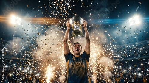 Professional Male Athlete Celebrating a Major Championship Victory Holding a Golden Trophy High Amidst Falling Confetti in a Bright Stadium