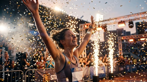 Female Athlete Raising Arms in Triumph Celebrating Victory with Confetti and Pyrotechnics in Stadium
