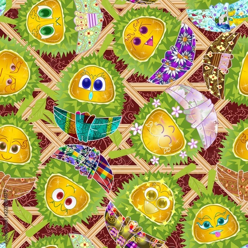 Seamless pattern featuring golden durian fruit enveloped in elegant Thai traditional gold ornaments and green leaf vines, unique cultural fruit vector background