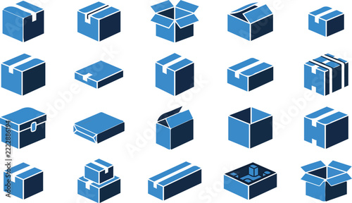 Blue and Navy Shipping Box Vector Icon Collection