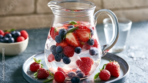 Refreshing infused water with fresh berries in a glass pitcher.