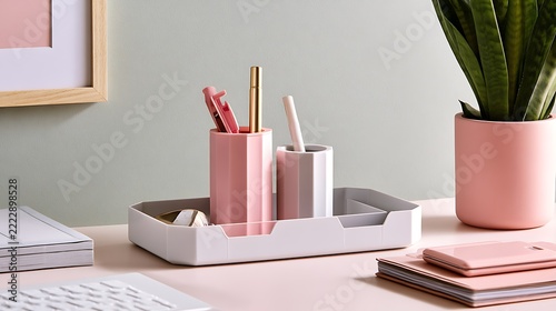 Minimalist Pink and White Office Desk Organizer with Stationery.