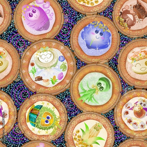 Kawaii Thai dessert UFO fleet seamless pattern vector. Cute space coconut pancakes and alien spaceships with Thai treats like ube, durian, and pandan in cosmic galaxy art.