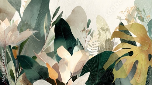 Watercolor illustration of various tropical plants