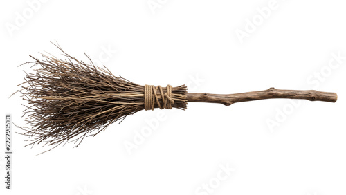 Realistic Vintage Halloween Witch Broom with Natural Twig Bristles PNG