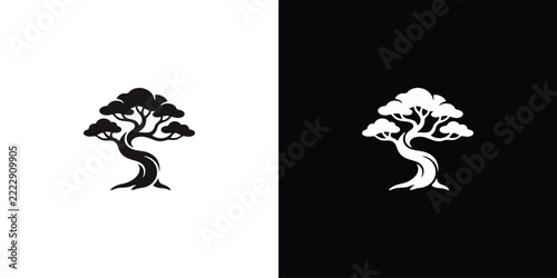 Minimalist Bonsai Tree Silhouette Logo Design Featuring Elegant Curved Trunk and Detailed Foliage in High Contrast Black and White Style