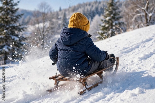 Child sledding down snowy hill from behind joyful motion no face