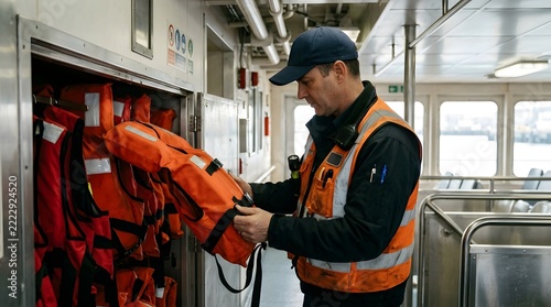 Maritime Safety Officer Inspecting Life Jackets Inside Passenger Ferry Ship
