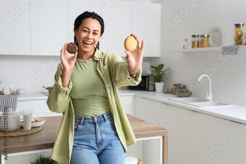 Healthy eating choices and dietary balance, happy woman holding chocolate and...