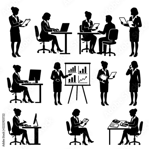 Business people silhouettes set office work vector illustration