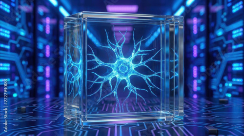 Blue neuron hologram inside transparent cube evokes innovation and discoveries with protection in glowing futuristic computing environment