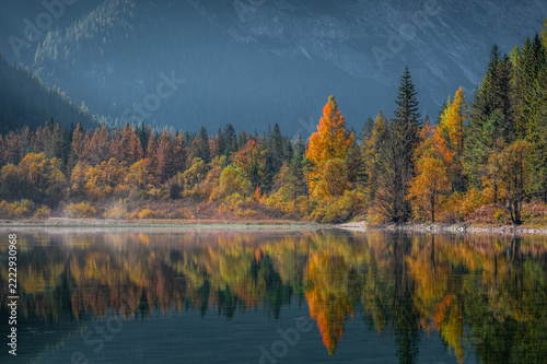 Dolomites, Scenic autumn landscape with colorful trees reflected in the water.Travel banner, Italy