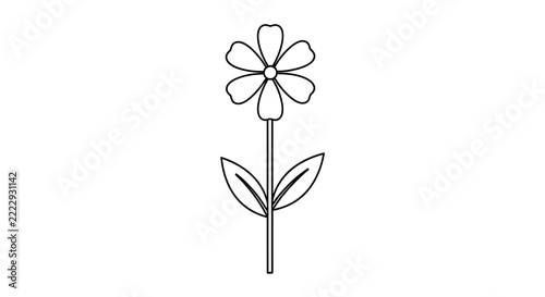 Simple line drawing of a white flower with green leaves