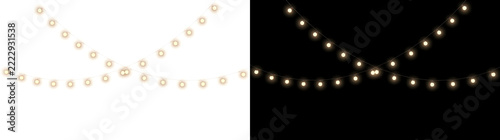String lights with warm glowing bulbs hanging on crossing garland wires for festive party decorations in PNG, Transparent and Black Background Versions