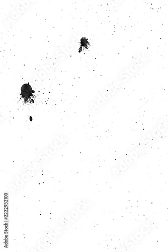 Black ink splatter drops and stains overlay texture, directional flick style on white background