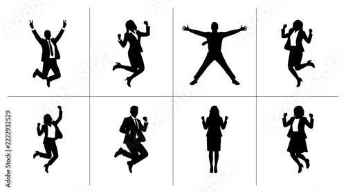 Business people silhouettes set with jumping figures celebrating success, victory and achievement for logos and web