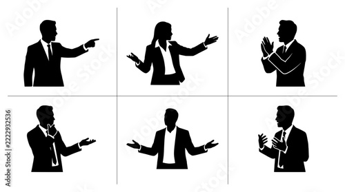 Business people silhouettes set with pointing, presenting and thinking poses for presentation or infographic