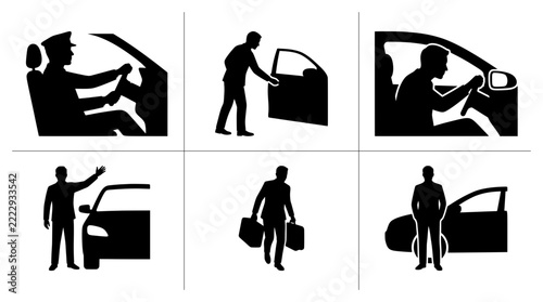 Driver and passenger silhouettes set with car scenes for transport and travel logos
