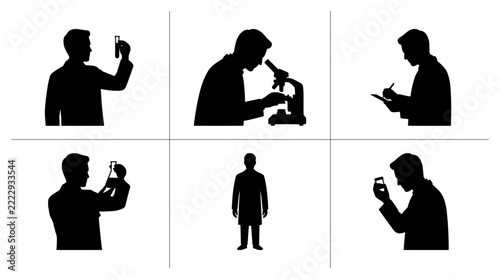 Scientist silhouettes set with lab equipment and notes for science or research