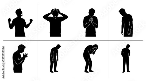 Man silhouettes set showing emotions like anger, despair, and sadness for mental health concepts