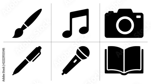 Creative icons set with paintbrush, music note, camera, pen, microphone and book for design