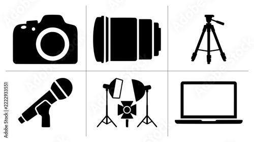 Photography and videography equipment silhouettes set with camera, lens, tripod, microphone, lights and laptop for design