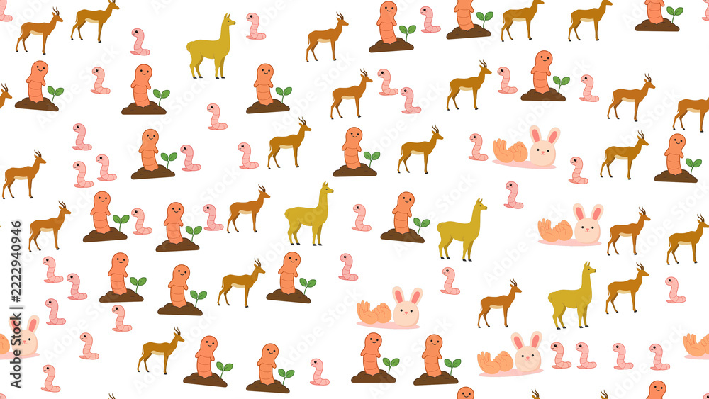 Fototapeta premium Cartoon Animals and Worms Pattern Isolated