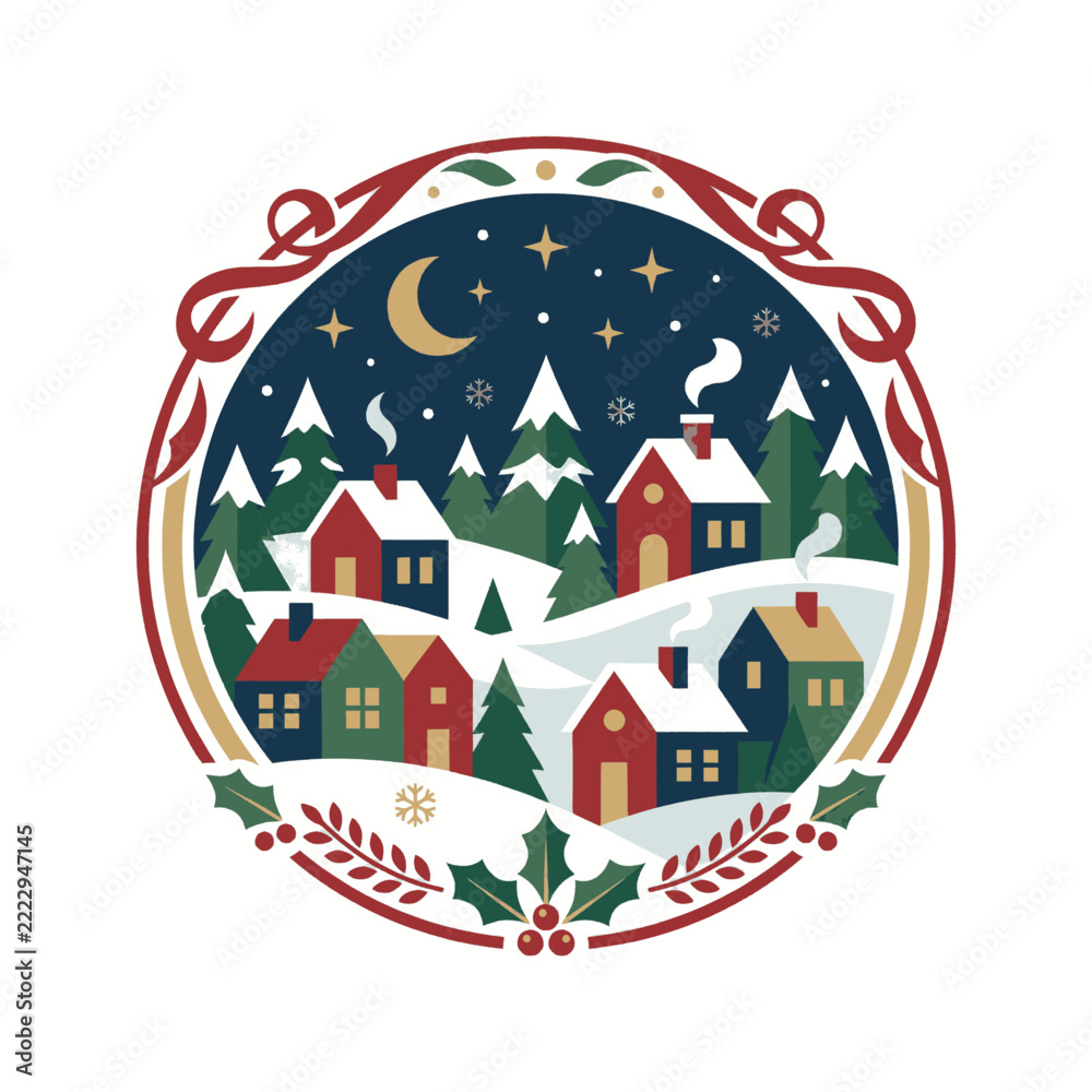 Obraz premium Charming Winter Village Scene with Cozy Houses and Snowy Landscape under a Starry Night Sky.