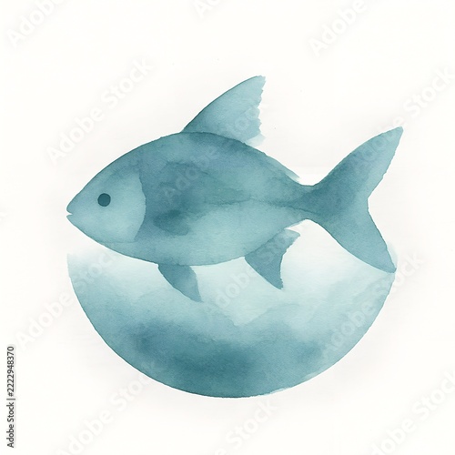 Minimal Blue Watercolor Fish in Circular Wash