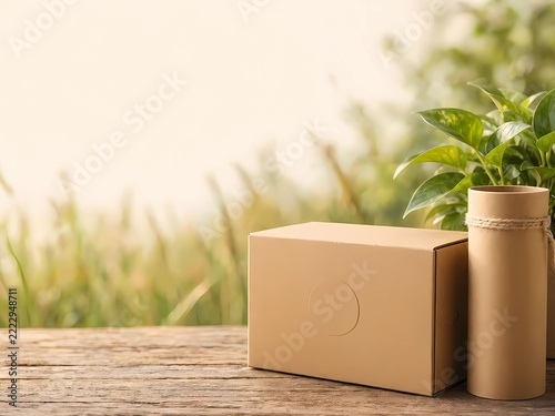 Cardboard box and eco-friendly packaging tube on a wooden table with green nature background