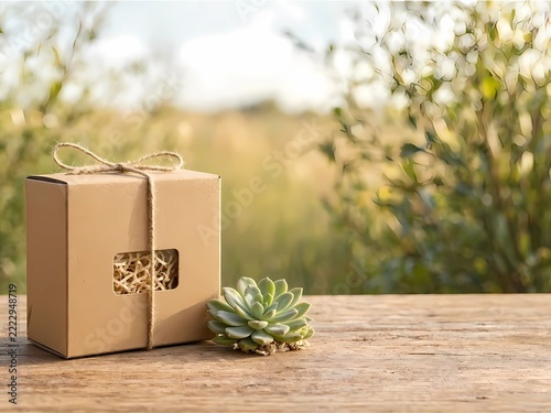 Eco-friendly brown cardboard gift box tied with twine bow and a small succulent plant on a rustic wooden table outdoors