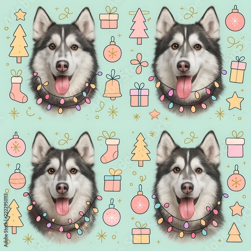 Husky Christmas Pattern with Lights and Pastel Icons