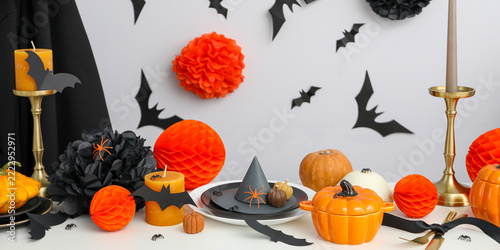 Halloween. Table is adorned with vibrant halloween decorations