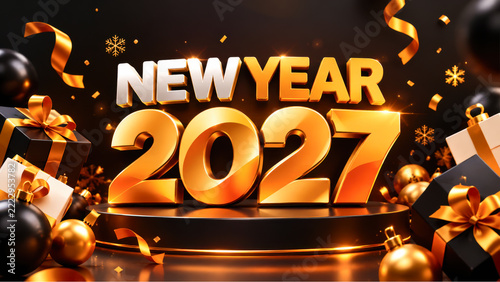 Metallic gold 2027 new year greeting display features black gift boxes and festive ornaments.