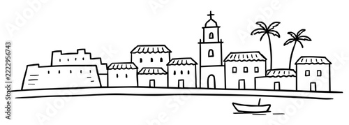 Puerto Rico San Juan City Skyline and Colonial Fort Line Art Illustration