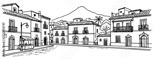 Guatemala Antigua City Skyline and Colonial Street Line Art Illustration