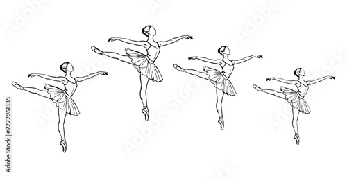 Four ballet dancers performing mid air poses in line formation