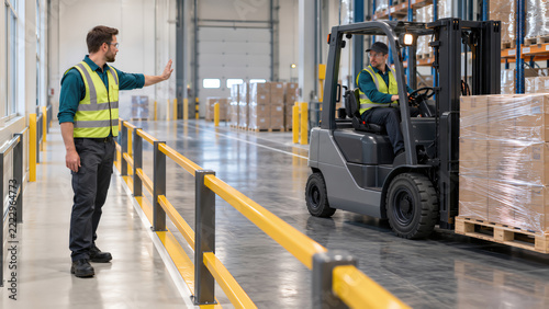 Warehouse worker using hand signal to guide forklift through protected lane