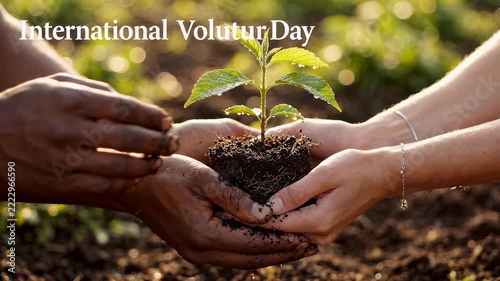 Two pairs of hands, one dark-skinned and one light-skinned, gently cradle a small green seedling with soil, symbolizing growth, unity, and environmental care.