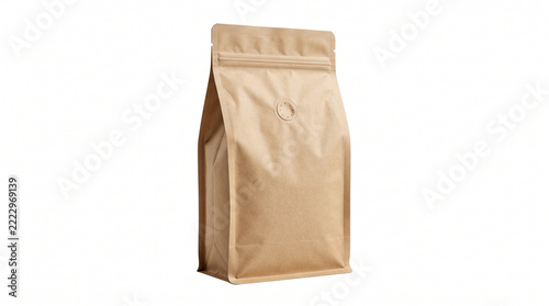 Brown kraft paper coffee bag standing upright against white background for product packaging and branding