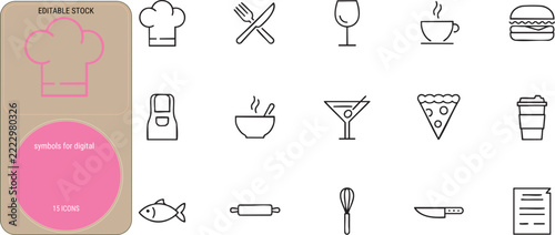 A set of fifteen black line icons depicting kitchen tools and different types of food like pizza and fish is positioned on a white background with a pink sidebar.