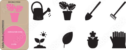 Eight solid black silhouette agriculture icons featuring a watering can and gardening tools are displayed on a white background next to a decorative pink sidebar.