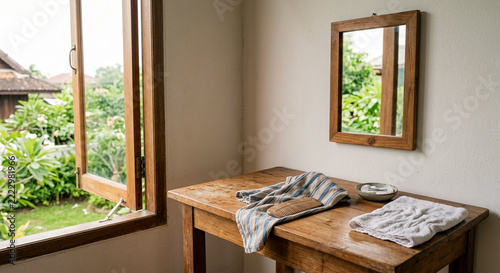 Rustic wooden table with wooden comb, striped linen cloth, towel and mirror by open window