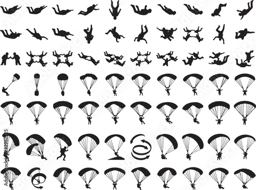 Selection of skydivers and parachutists silhouettes in different flight poses against white