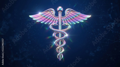 colorful metallic holographic caduceus medical icon rendering on blue background