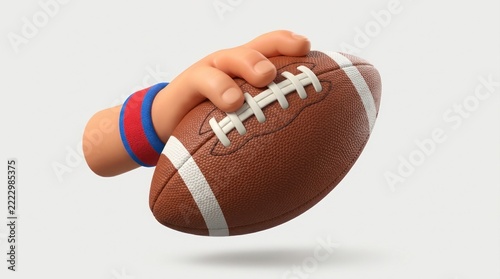 three dimensional cartoon hand securely holds brown american football isolated