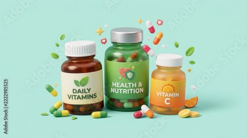 three dimensional icons illustrate healthy dietary nutrition supplement pill bottles